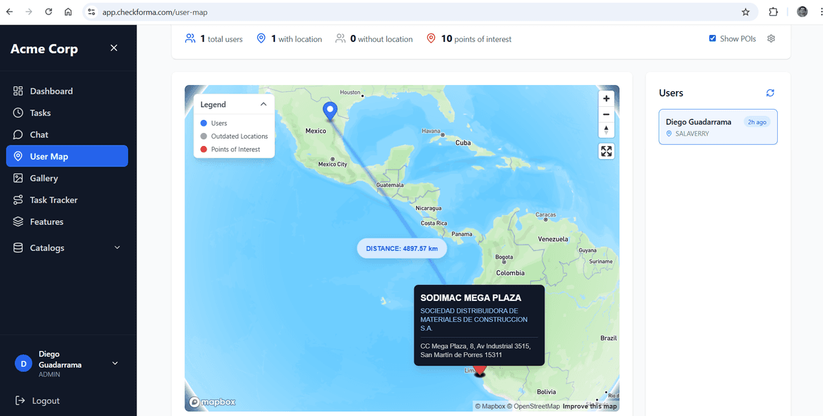 Team tracking app dashboard showing all team members on a live user map